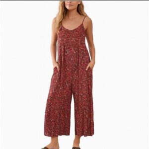 Natural Life Large Red Burgundy Floral Jumpsuit Wide Leg Hippie Ditsy V Neck